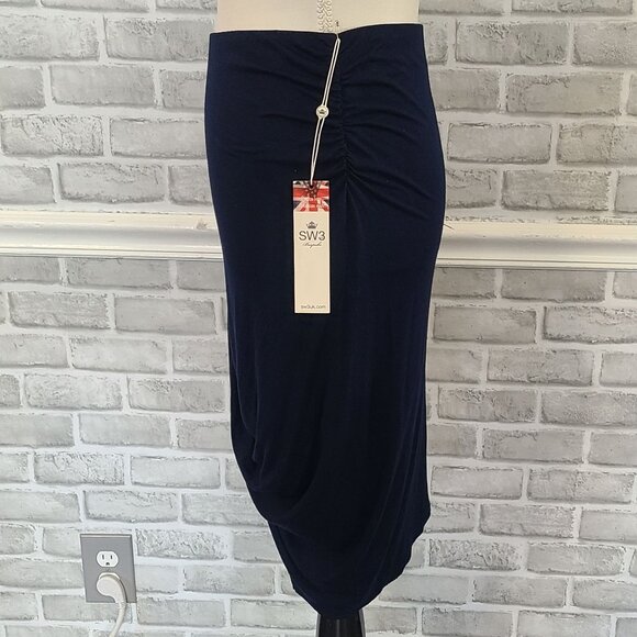 SW3 Bespoke Navy Blue Jersey Knit Asymmetrical Skirt NEW Small Raw Hem - Picture 2 of 7